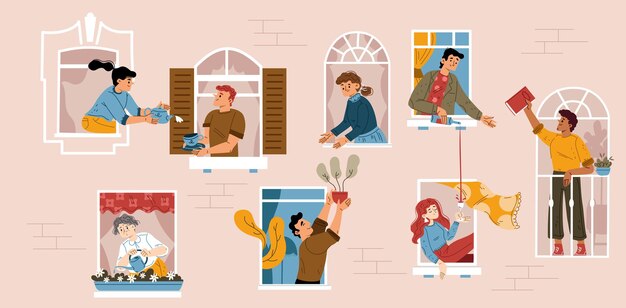 Comunità di quartiere con persone alle finestre