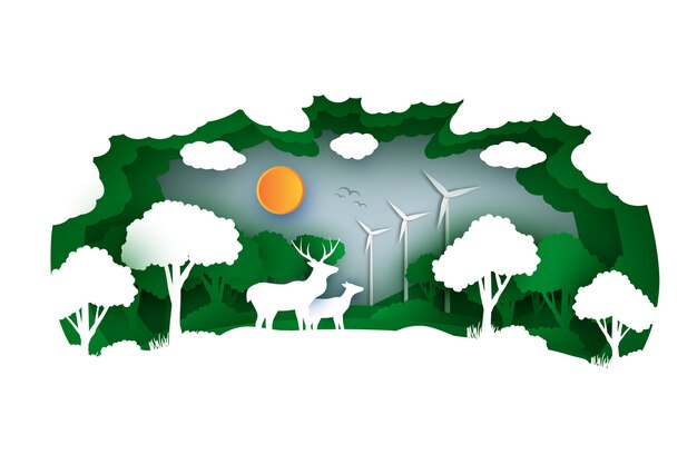 Concetto ambientale in stile carta con foresta e animali