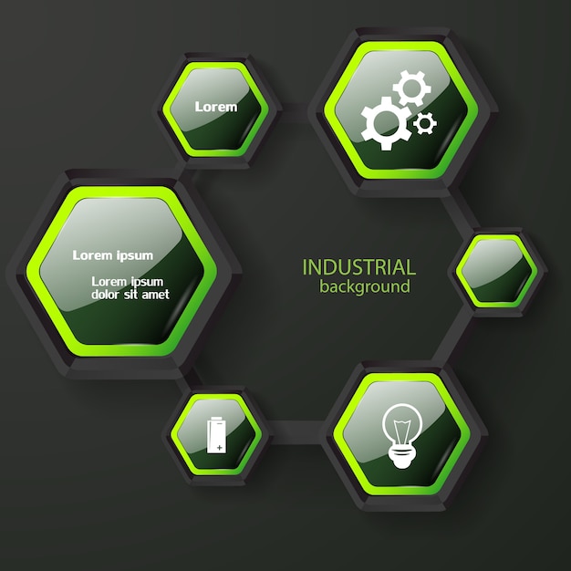 Concetto astratto infografica con esagoni lucidi scuri con testo e icone bianchi bordi verdi