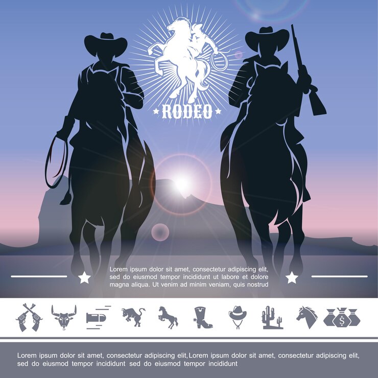 Vettore gratuito concetto d'annata del rodeo del cowboy con i fantini che guidano i cavalli e l'illustrazione delle icone del selvaggio west,