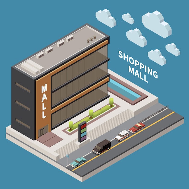 Concetto del centro commerciale con l'illustrazione isometrica di simboli di acquisto e di acquisto del supermercato