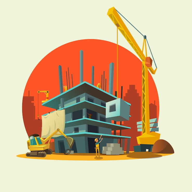 Vettore gratuito concetto della costruzione con i lavoratori di concetto di retro stile e macchine che costruiscono il fumetto della casa