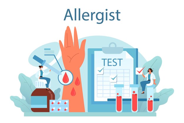 Concetto di allergologo Malattia con sintomi allergici test diagnostici e trattamento di allergologia medica Cura per la salute Illustrazione vettoriale in stile piatto