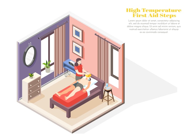 Concetto di alta temperatura con illustrazione isometrica di simboli di passaggi di primo soccorso