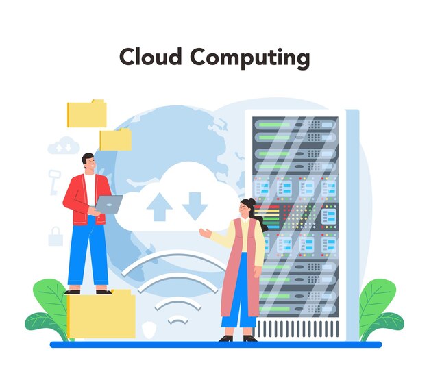 Concetto di analisi dei big data aziendali Grafico e diagramma grafico tecnologia cloud di ricerca Creazione di report per l'ottimizzazione Illustrazione vettoriale piatta