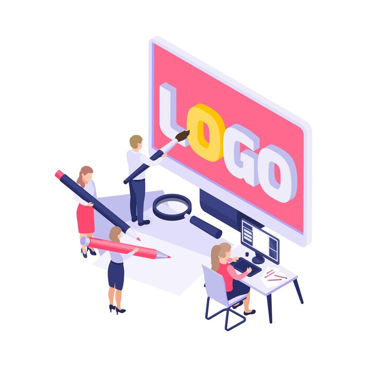 Vettore gratuito concetto di branding con persone che disegnano e dipingono logo 3d illustration