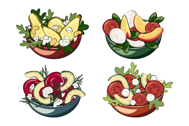 Concetto di ciotole di frutta e insalata