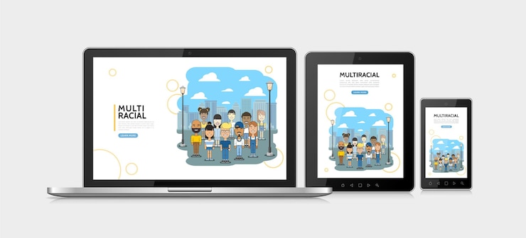 Vettore gratuito concetto di design adattivo di persone multirazziali piatte con ragazzi e ragazze multiculturali multietnici sul paesaggio urbano