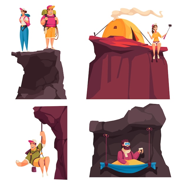 Concetto di design alpinista scalatore con quattro composizioni isolate di personaggi umani appesi su scogliere con illustrazione vettoriale tenda