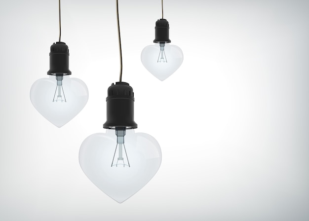 Concetto di design amoroso leggero con lampadine elettriche realistiche a forma di cuore appese a fili isolati