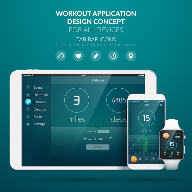 Concetto di design dell'interfaccia utente con elementi web dell'applicazione di allenamento per l'illustrazione di diversi dispositivi