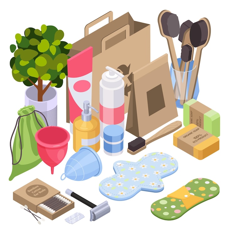 Vettore gratuito concetto di design sostenibile a zero rifiuti con cosmetici naturali e articoli sanitari illustrazione vettoriale isometrica