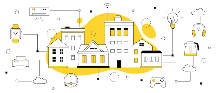 Vettore gratuito concetto di doodle del sistema iot della tecnologia domestica intelligente
