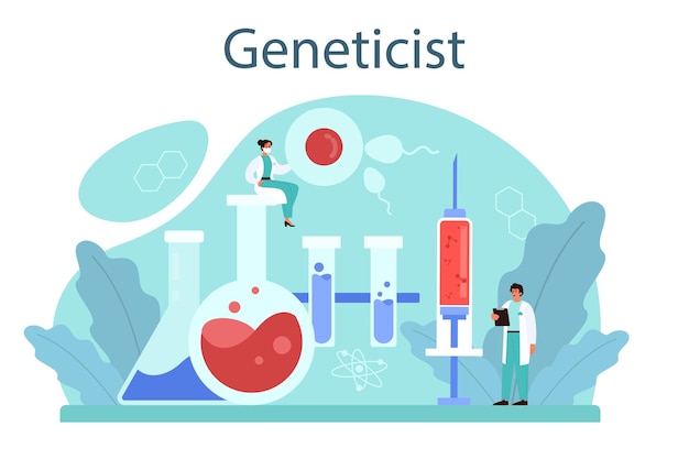 Concetto di genetista Medicina e tecnologia scientifica Gli scienziati lavorano con la struttura della molecola Analisi e innovazione Illustrazione vettoriale in stile cartone animato