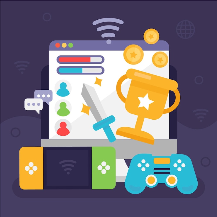 Vettore gratuito concetto di gioco online con diversi elementi