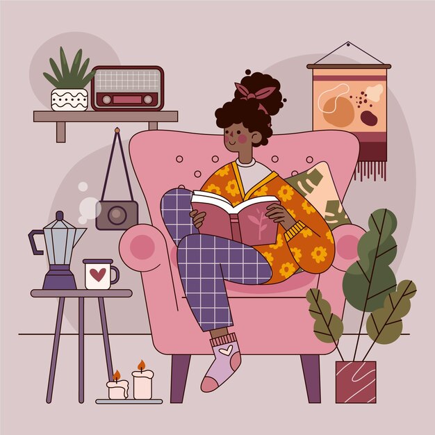 Concetto di hygge design piatto con lettura della donna