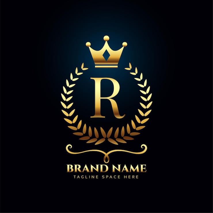 Vettore gratuito concetto di logo con la lettera r dorata di lusso premium con corona
