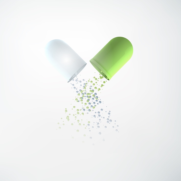 Vettore gratuito concetto di medicina leggera con pillola capsula aperta medica realistica e palline cadenti isolate