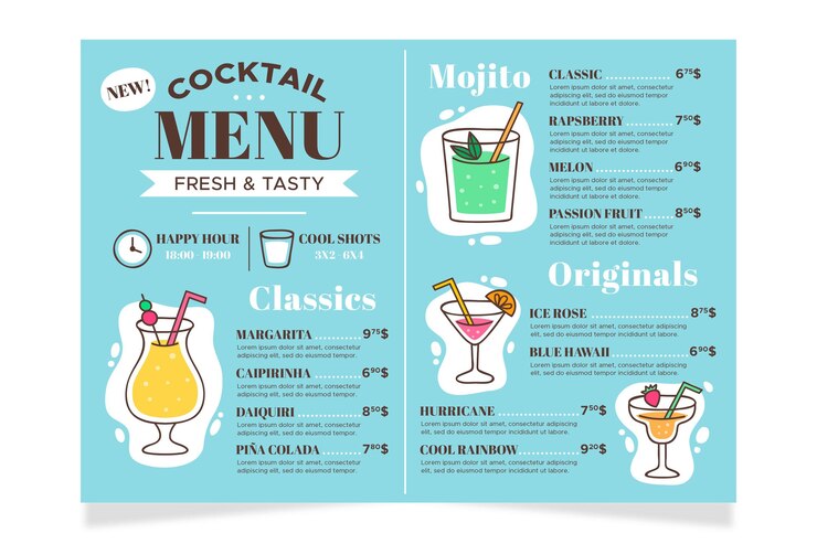 Vettore gratuito concetto di menu di cocktail