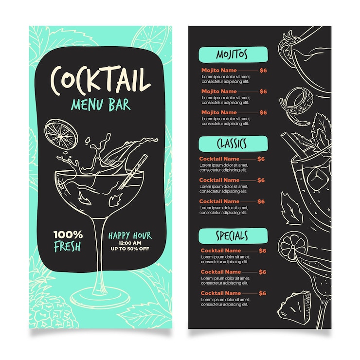Vettore gratuito concetto di menu di cocktail