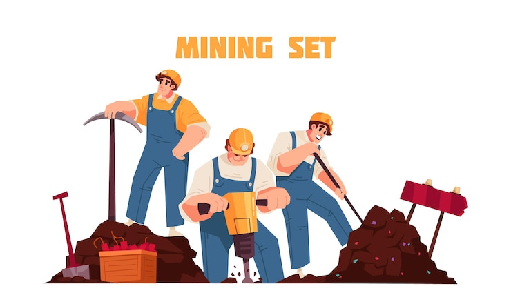 Vettore gratuito concetto di mining piatto con descrizione del set di mining e tre lavoratori all'illustrazione del vettore di lavoro