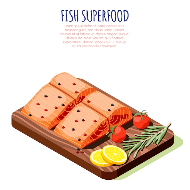 Concetto di progetto isometrico del superfood del pesce con il raccordo di color salmone crudo fresco sull'illustrazione di legno di vettore del tagliere