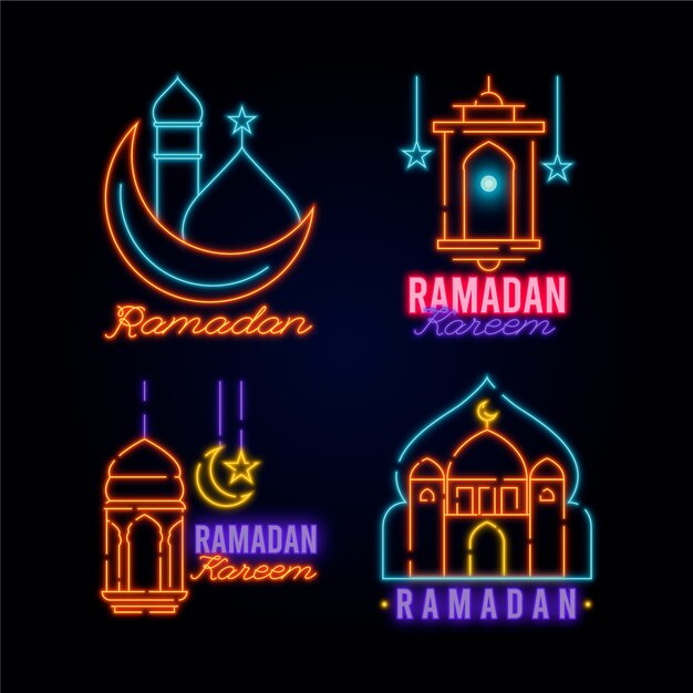 Concetto di raccolta di insegne al neon del Ramadan