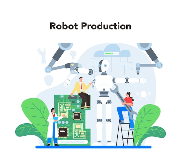 Concetto di robotica Ingegneria robotica e costruzione Idea di intelligenza artificiale nel settore della modellistica Produzione di sistemi di automazione Illustrazione vettoriale flate