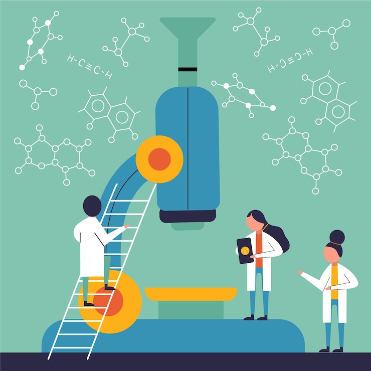 Vettore gratuito concetto di scienza con microscopio e molecole