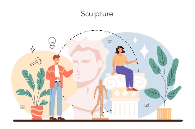Concetto di scultore professionale Creazione di sculture di marmo, legno e argilla Creativo ceramista che scolpisce la decorazione restauratrice Arte e hobby Illustrazione vettoriale piatta