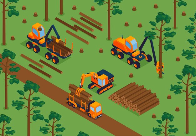 Concetto di segheria isometrica con macchinari per la lavorazione del legno nell'illustrazione vettoriale della foresta