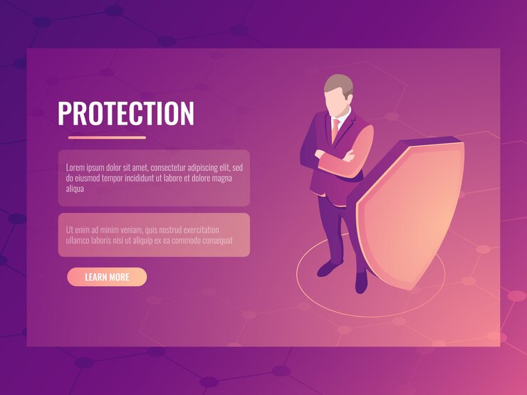 Vettore gratuito concetto di sicurezza finanziaria e protezione dai rischi, uomo d'affari con scudo, protezione dei dati