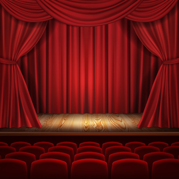 Concetto di teatro, lussuose tende di velluto rosso con sedili color scarlatto