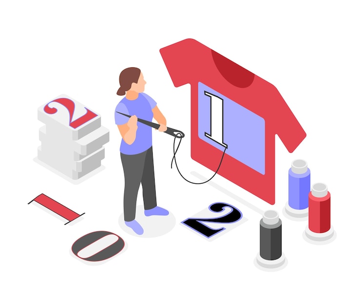 Vettore gratuito concetto di tecnologie di stampa del tessuto con la donna con il numero di cucito dell'ago grande sull'illustrazione isometrica di vettore della maglietta