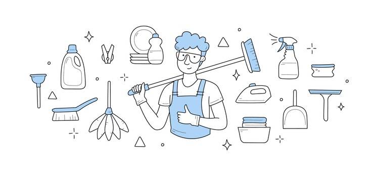 Vettore gratuito concetto di vettore di doodle di pulizie o faccende domestiche
