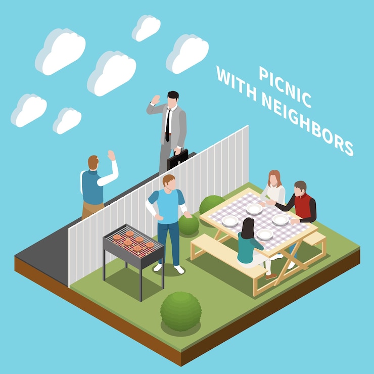 Vettore gratuito concetto isometrico del vicino con persone che hanno barbecue sull'illustrazione vettoriale del cortile
