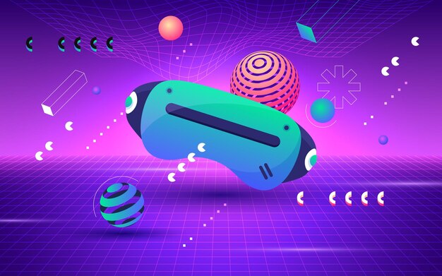 Concetto Metaverse Occhiali VR per giocare con oggetti fluttuanti su sfondo viola Realtà virtuale futura tecnologia digitale illustrazione vettoriale Vita futuristica e dispositivo moderno