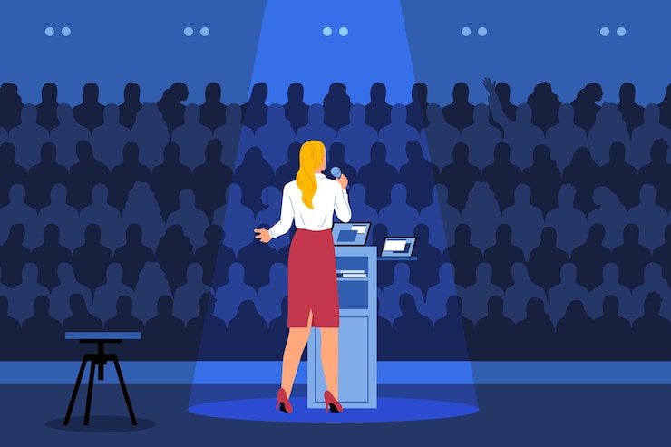 Vettore gratuito concetto piatto della fase di conferenza con la donna che parla davanti all'illustrazione di vettore del pubblico