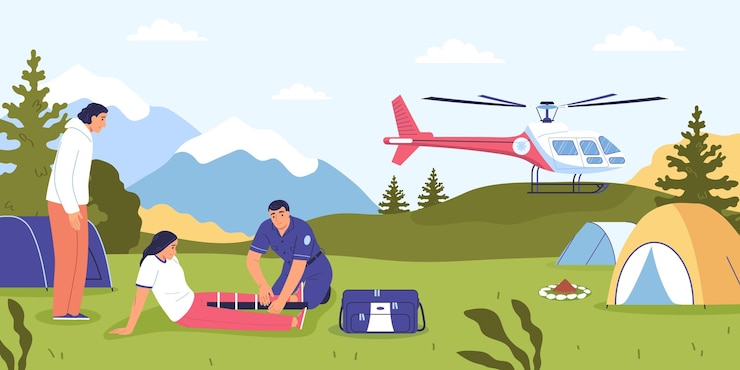 Vettore gratuito concetto piatto di pronto soccorso con squadra di soccorso e illustrazione vettoriale di elicottero di emergenza