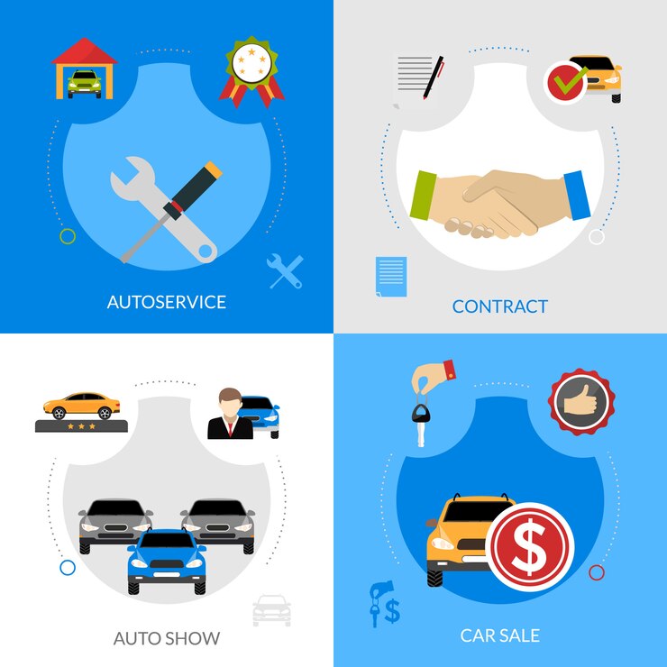 Vettore gratuito concetto quadrato degli elementi piani del concessionario auto