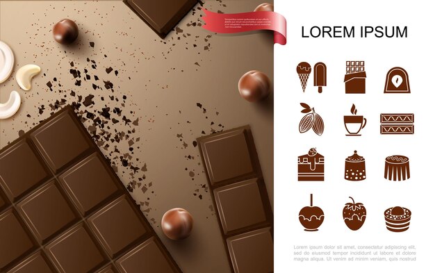 Concetto realistico di barrette di cioccolato con noci e icone piane di prodotti al cioccolato dolce