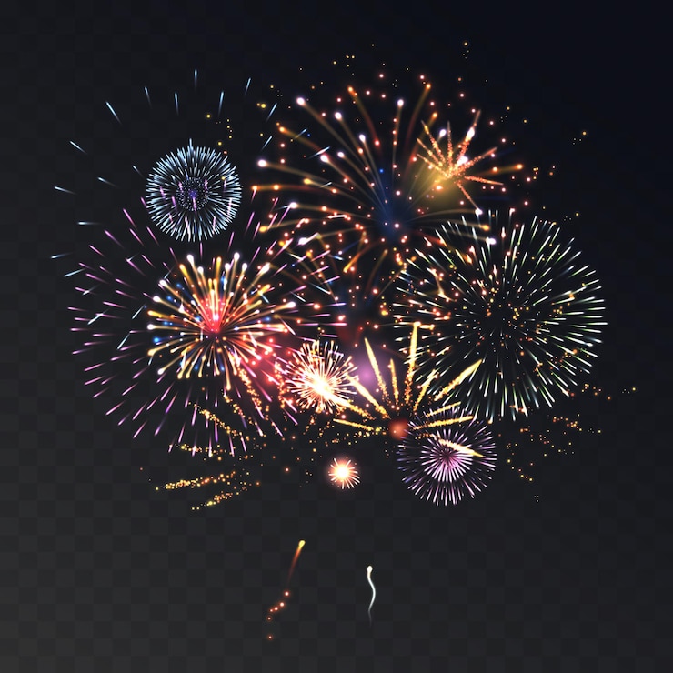 Vettore gratuito concetto trasparente realistico di animazione del fuoco d'artificio con l'illustrazione di simboli di celebrazione