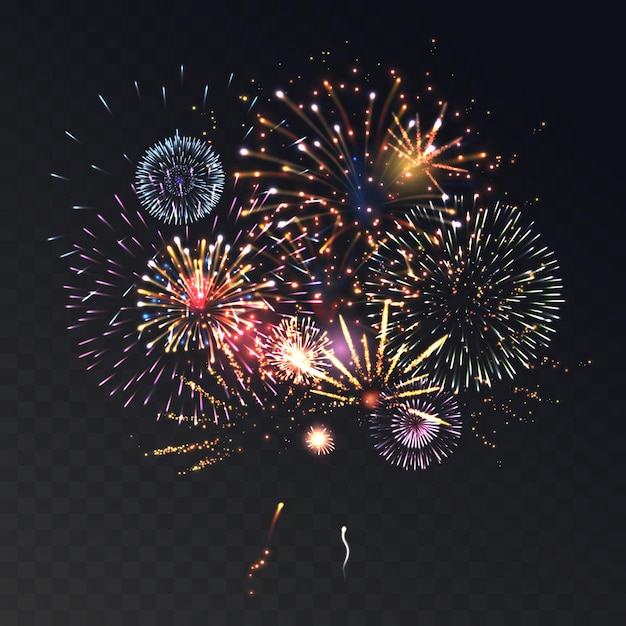 Concetto trasparente realistico di animazione del fuoco d'artificio con l'illustrazione di simboli di celebrazione