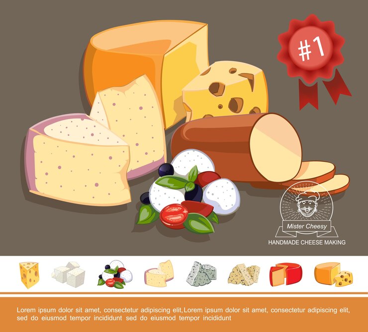 Vettore gratuito concetto variopinto del formaggio naturale del fumetto con i tipi di formaggio olandese e svizzero greco italiano saporito