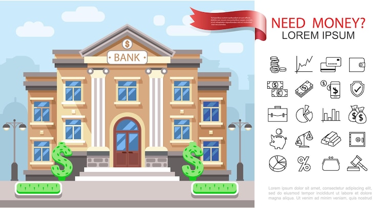 Vettore gratuito concetto variopinto di finanza e di affari piani con l'illustrazione delle icone finanziarie e bancarie della costruzione della banca,