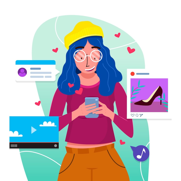 Vettore gratuito condivisione di contenuti sui social media con la donna