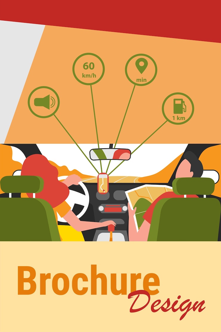 Vettore gratuito conducente e passeggero che navigano su strada all'interno della mappa e dell'app mobile. vista posteriore di persone all'interno degli interni dell'auto. illustrazione vettoriale per la navigazione, guida, viaggi, concetto di trasporto