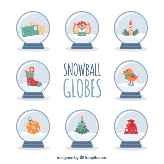 Vettore gratuito confezione da globi palle di neve con elementi di natale