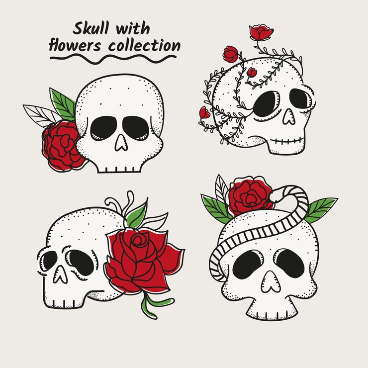 Vettore gratuito confezione da teschi disegnati a mano con rose
