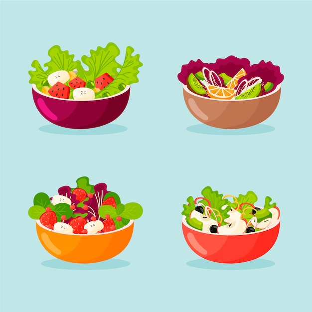 Confezione di ciotole di frutta e insalata
